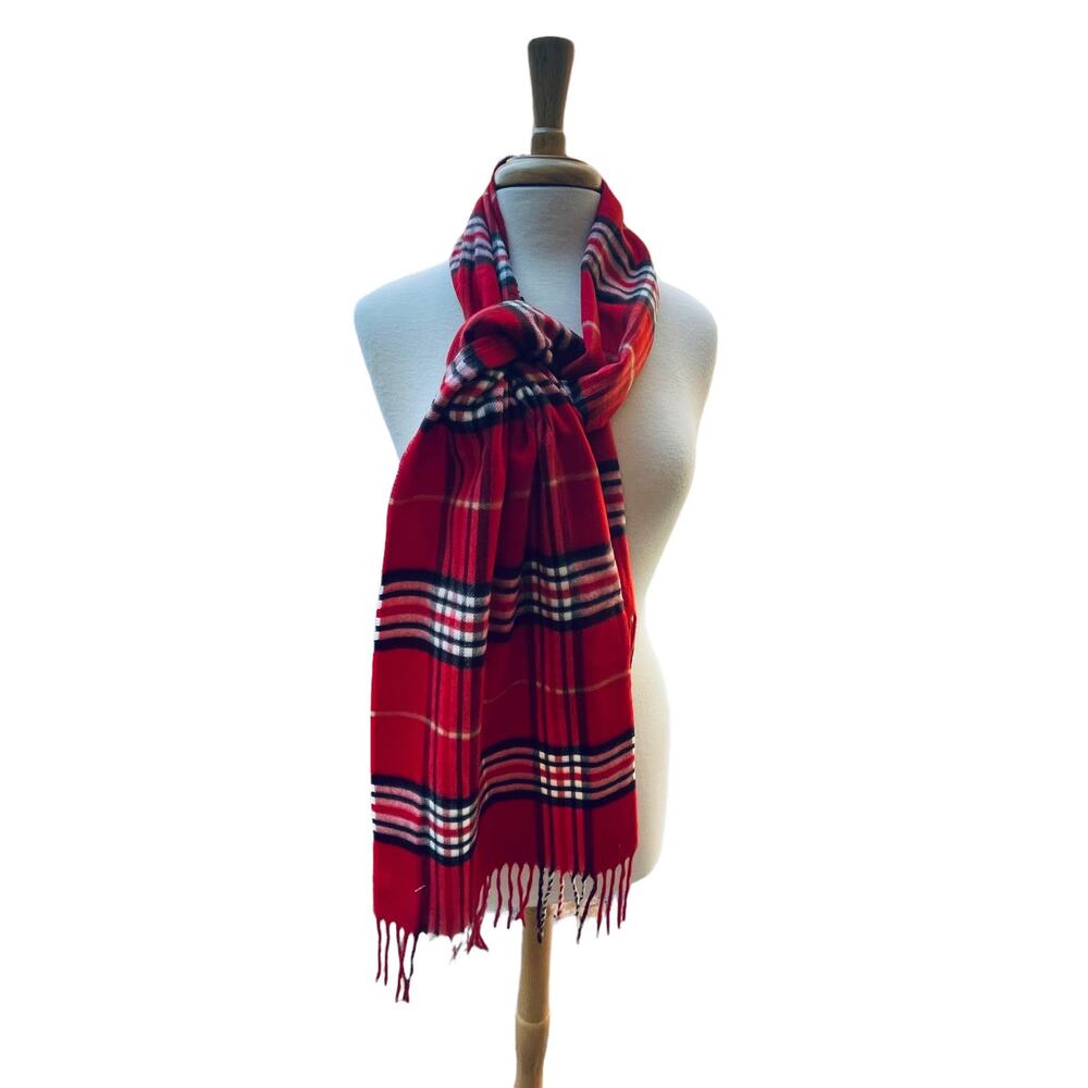 NWT V  Frass Red plaid fringed Cashmink scarf soft acrylic machine washable